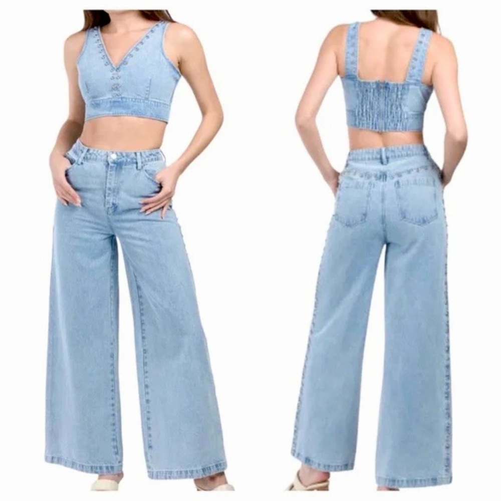 NWT size 2 sold out House of Harlow 1960 2pc Studded Denim Bralette & Pants Set